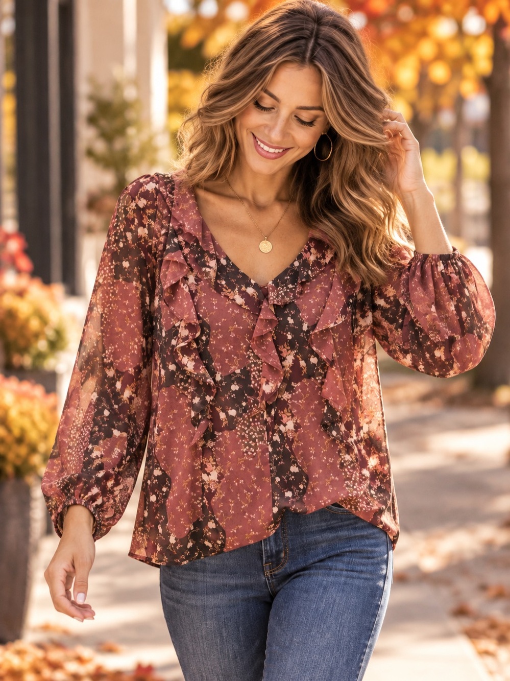 LC Lauren Conrad Dusty Rose Floral Ruffle V-Neck Blouse
